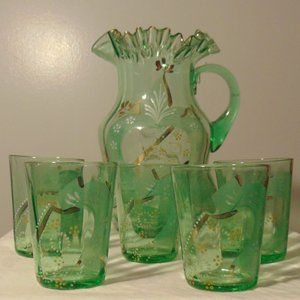 Fenton Green Glass Pitcher Ruffled Edge 6 pc Set